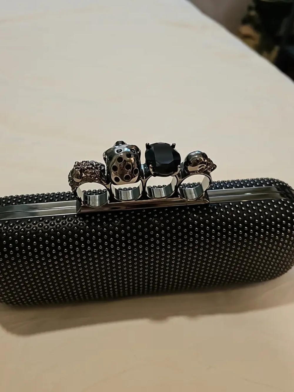 ALEXANDER MCQUEEN Black Silver Studded Leather Metal Four Finger Knuckle Clutch